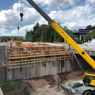 Steel girders being set on new I-84  Westbound bridge at Ridgewood Road